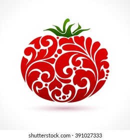 Decorative ornamental tomato isolated on white. Vector abstract tomato illustration logo design element for packaging design, banner, poster, business sign, identity, branding