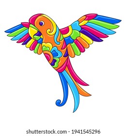 Decorative ornamental tropical parrot. Mexican ceramic cute naive art.