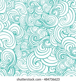 Decorative ornamental turquoise or blue waves in sketch style. Can be used for pillow fabric textile design. Vector seamless pattern