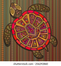 Decorative ornamental turtle with sign, colorful ethnic pattern. Geometric and floral textures for print, wallpaper, web pages, surface design, textile, fashion, cards, vector illustration.