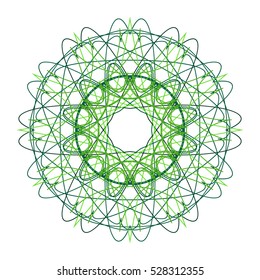Decorative ornamental vector shape. Lineart logo template for design projects. A green circular ornament from the crossed lines on white background.