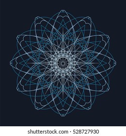 Decorative ornamental vector shape. Lineart logo template for design projects. A blue circular ornament from the crossed lines on dark background.