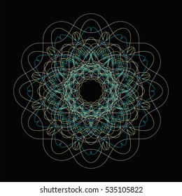Decorative ornamental vector shape. Lineart logo template for design projects. A circular ornament from the crossed lines on black background.