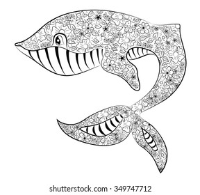 Decorative ornamental whale drawing. Sketch for tattoo design or makhenda. Boho style.