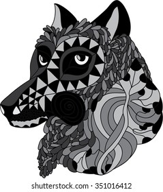 Decorative ornamental wolf head black and grey drawing. Boho style.