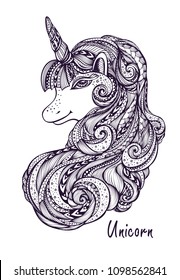Decorative ornamental Zen tangle Zen doodle Unicorn black on white made by trace for coloring page or relax adult coloring book or for print or for t shirt or decoration different things 