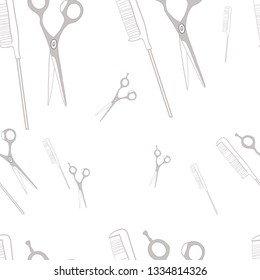 Decorative ornamentation of graphic drawings of hairdressing accessories, scissors for haircuts, comb, vector seamless pattern, for fabric or packaging design, for hairdressing salon advertising