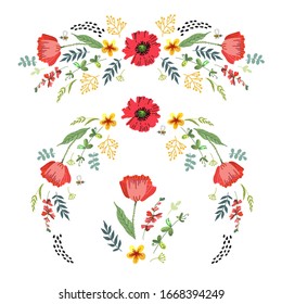 Decorative ornaments with bright summer flowers. Folklore motifs, stylization of embroidery. Vector illustration. Manual graphics.