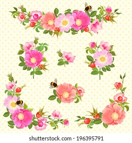 Decorative ornaments with flowers and rose hips and bumblebees.