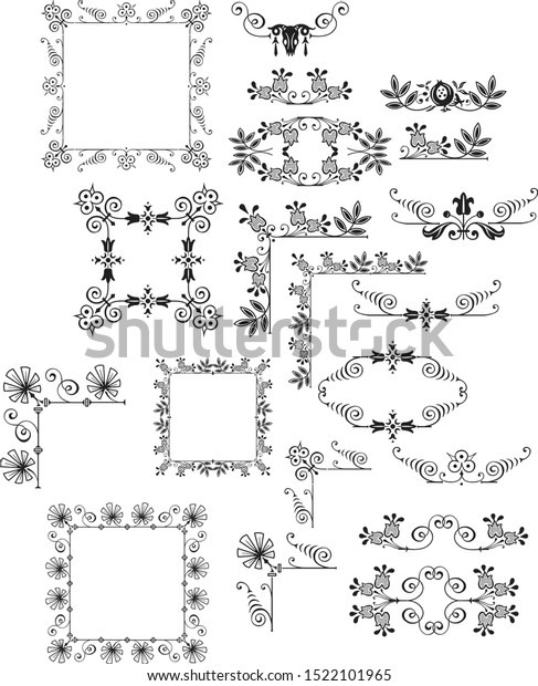 decorative ornaments, frames, dividers using\
elements from leaves, berries, pumpkins and skulls of horned\
animals to design invitations, frames, menus, labels, graphic\
design of a site,\
cafe