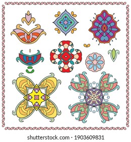 Decorative ornaments set, colorful isolated elements. Stylized mandalas, leaves, flowers. Abstract geometric doodle patterns for plate decoration, fabric print, business card or greeting card design