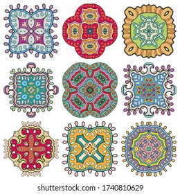 Los adornos decorativos son elementos aislados. Mandala colorida, flor estilizada. Resumen de patrones geométricos de doodle para la decoración de placas, impresión de tela, diseño de negocios o tarjetas de felicitación