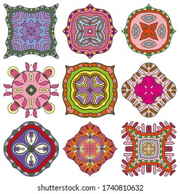 Decorative ornaments set, isolated elements. Colorful mandala, stylized flower. Abstract geometric doodle patterns for plate decoration, fabric print, business or greeting card design