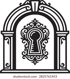 Decorative ornate archway frame featuring keyhole symbol decorative border decoration mysterious engraving illustration architecture ornament monochrome passageway interior exterior