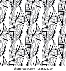 Decorative, ornate bird feathers. Black and white outline illustration for coloring book or page. Seamless pattern.