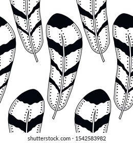 Decorative, ornate bird feathers. Black and white outline illustration for coloring book or page. Seamless pattern.