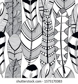 Decorative, ornate bird feathers. Black and white outline illustration for coloring book and page. Seamless pattern.