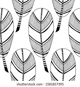 Decorative, ornate bird feathers. Black and white outline illustration for coloring book or page. Seamless pattern.