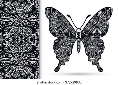 Decorative ornate black butterfly and vertical doodle ethnic seamless lace pattern with hand drawn repeating texture. Isolated elements for scrapbook, invitation or greeting card design