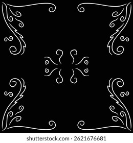 Decorative ornate border with delicate curved patterns, perfect for elegant invitations or greeting cards. Intricate white swirls contrast against a black background for a sophisticated style.