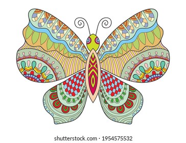 Decorative ornate butterfly, cartoon character. Doodle insect with ornate wings. Hand drawn ornament, floral geometric pattern. Isolated design element on white background