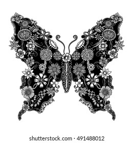Decorative ornate butterfly of floral doodle, monochrome Floral ornament elements for scrapbook, invitation or greeting card design