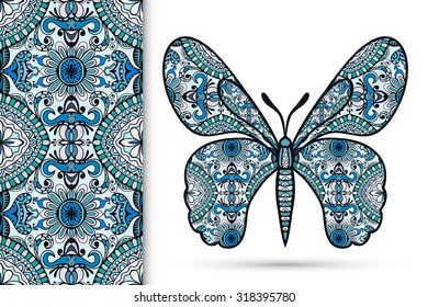 Decorative ornate butterfly with seamless floral geometric pattern, tribal ethnic ornament, isolated elements for scrapbook, invitation or greeting card design