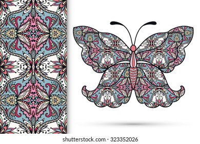 Decorative ornate butterfly with seamless floral geometric pattern, tribal ethnic ornament, isolated elements for scrapbook, invitation or greeting card design
