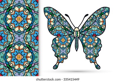 Decorative ornate butterfly with seamless floral geometric pattern, tribal ethnic ornament, isolated elements for scrapbook, invitation or greeting card design