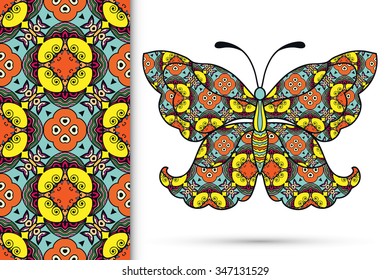 Decorative ornate butterfly with seamless floral geometric pattern, tribal ethnic ornament, isolated elements for scrapbook, invitation or greeting card design