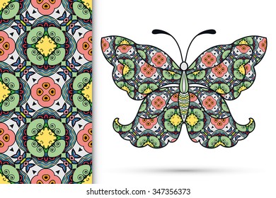 Decorative ornate butterfly with seamless floral geometric pattern, tribal ethnic ornament, isolated elements for scrapbook, invitation or greeting card design