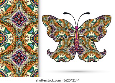 Decorative ornate butterfly and seamless floral geometric pattern, Mandala ornament, isolated elements for scrapbook, invitation or greeting card design