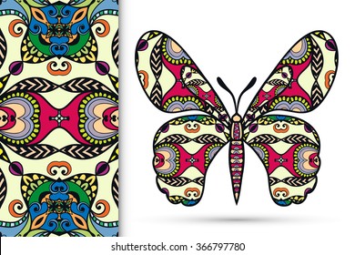 Decorative ornate butterfly and vertical seamless pattern with floral geometric repeating texture, ethnic ornament. Isolated elements for scrapbook, invitation or greeting card design