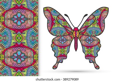 Decorative ornate butterfly and vertical seamless pattern with floral geometric repeating texture, ethnic ornament. Isolated elements for scrapbook, invitation or greeting card design