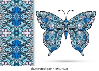 Decorative ornate butterfly and vertical seamless pattern with floral geometric repeating texture, ethnic ornament. Isolated elements for scrapbook, invitation or greeting card design