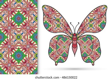 Decorative ornate butterfly and vertical seamless pattern with floral geometric repeating texture, ethnic ornament. Isolated elements for scrapbook, invitation or greeting card design