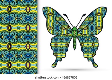 Decorative ornate butterfly and vertical seamless pattern with floral geometric repeating texture, ethnic ornament. Isolated elements for scrapbook, invitation or greeting card design
