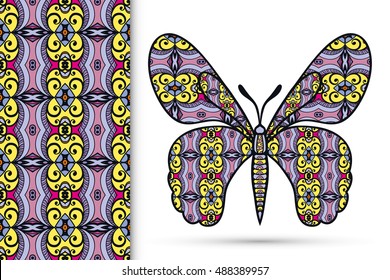 Decorative ornate butterfly and vertical seamless pattern with floral geometric repeating texture, ethnic ornament. Isolated elements for scrapbook, invitation or greeting card design