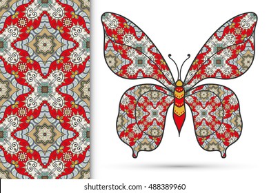 Decorative ornate butterfly and vertical seamless pattern with floral geometric repeating texture, ethnic ornament. Isolated elements for scrapbook, invitation or greeting card design
