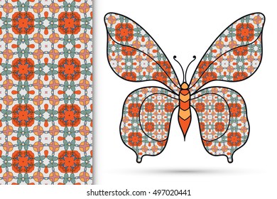 Decorative ornate butterfly and vertical seamless pattern with floral geometric repeating texture, ethnic ornament. Isolated elements for scrapbook, invitation or greeting card design