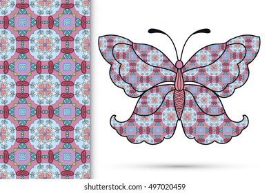 Decorative ornate butterfly and vertical seamless pattern with floral geometric repeating texture, ethnic ornament. Isolated elements for scrapbook, invitation or greeting card design