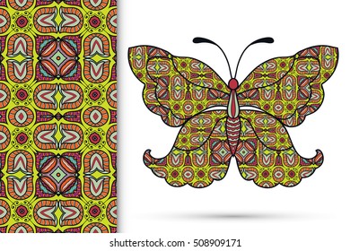 Decorative ornate butterfly and vertical seamless pattern with floral geometric repeating texture, ethnic ornament. Isolated elements for scrapbook, invitation or greeting card design