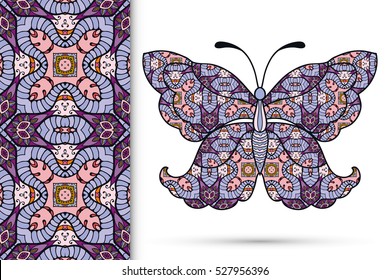 Decorative ornate butterfly and vertical seamless pattern with floral geometric repeating texture, ethnic ornament. Isolated elements for scrapbook, invitation or greeting card design