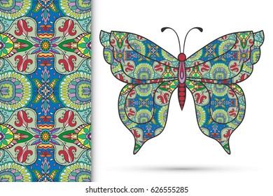 Decorative ornate butterfly and vertical seamless pattern with floral geometric repeating texture, ethnic ornament. Isolated elements for scrapbook, invitation or greeting card design, textile print