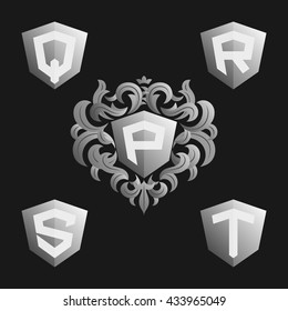 Decorative Ornate emblem template. Stylish set of vector monograms. Silver shield with crown and letters from P to T.