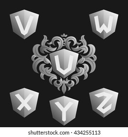 Decorative Ornate emblem template. Stylish set of vector monograms. Silver shield with crown and letters from U to Z.