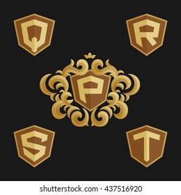 Decorative Ornate emblem template. Stylish set of monograms. Golden shield with crown and letters from P to T.