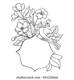 Decorative ornate frame with a bird surrounded by branches of apple blossom. Illustration drawn by hand in the vector. Image sozhet be used as a decoration of cards, invitations, Print design