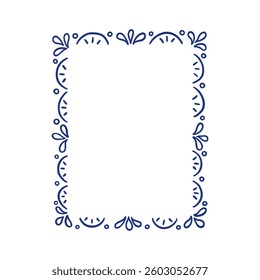 Decorative ornate frame. Hand drawn blue ink summer holiday border wreath. Vintage background for greeting cards, wedding, invitations, social media