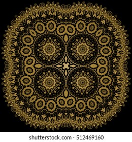 Decorative ornate. Geometric mandala icon isolated for card, Vector mandala in black, gold. For invitation, scrapbook, banner, postcard, tattoo, yoga, boho, magic or flyer. Vector illustration.